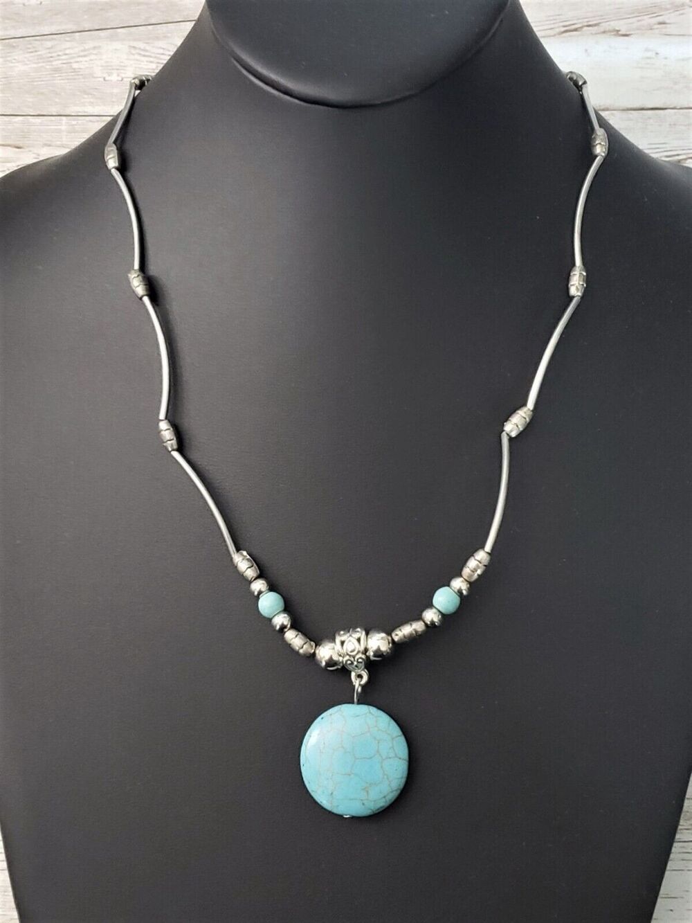 Vintage Necklace - Wavy Silver Tone with Turquoise Tone Pendant